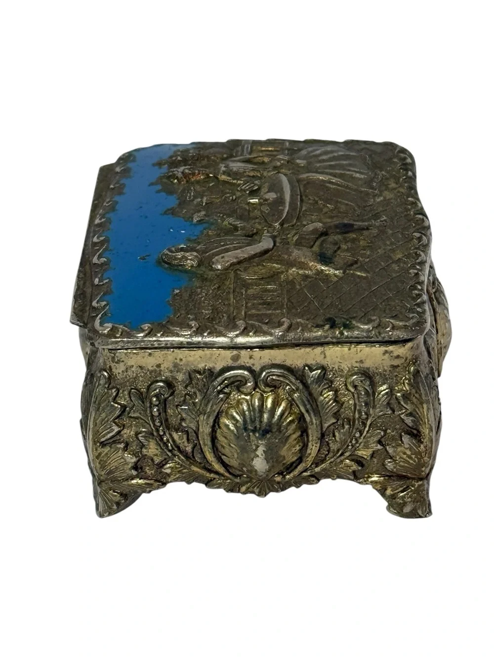 Vintage Repousse Metal Enamel Trinket Jewelry Box Courting Couple Made in Japan